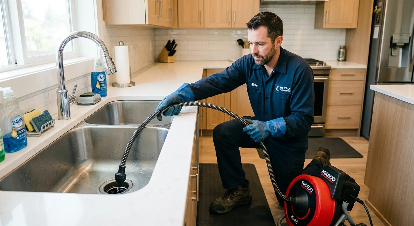 Drain cleaning technician using a motorized snake on a kitchen sink in Bastrop