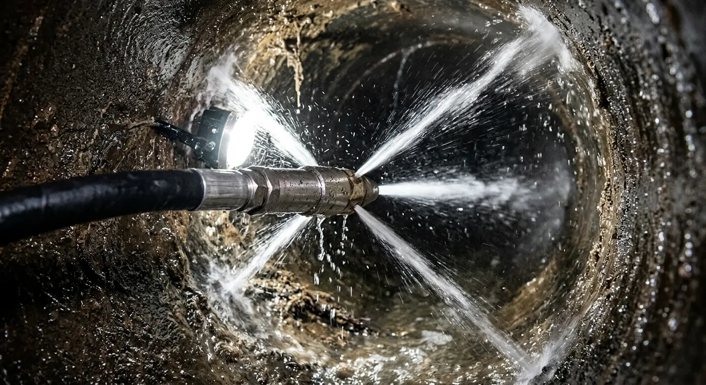High-pressure hydro jetting nozzle cleaning sewer pipe for Storm Drain Cleaning in Bastrop