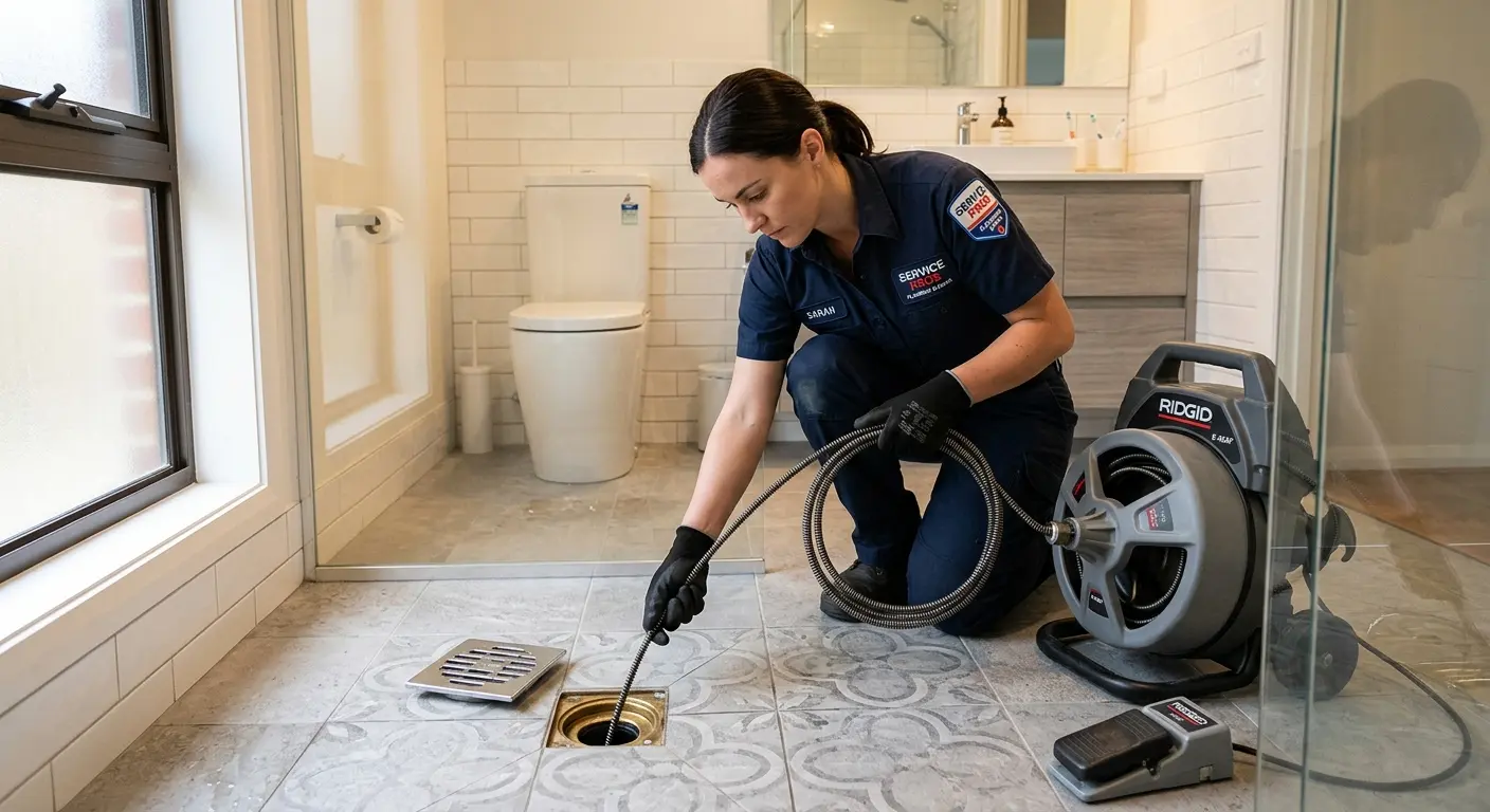 Technician clearing a bathroom floor drain for Drain Cleaning in Bastrop